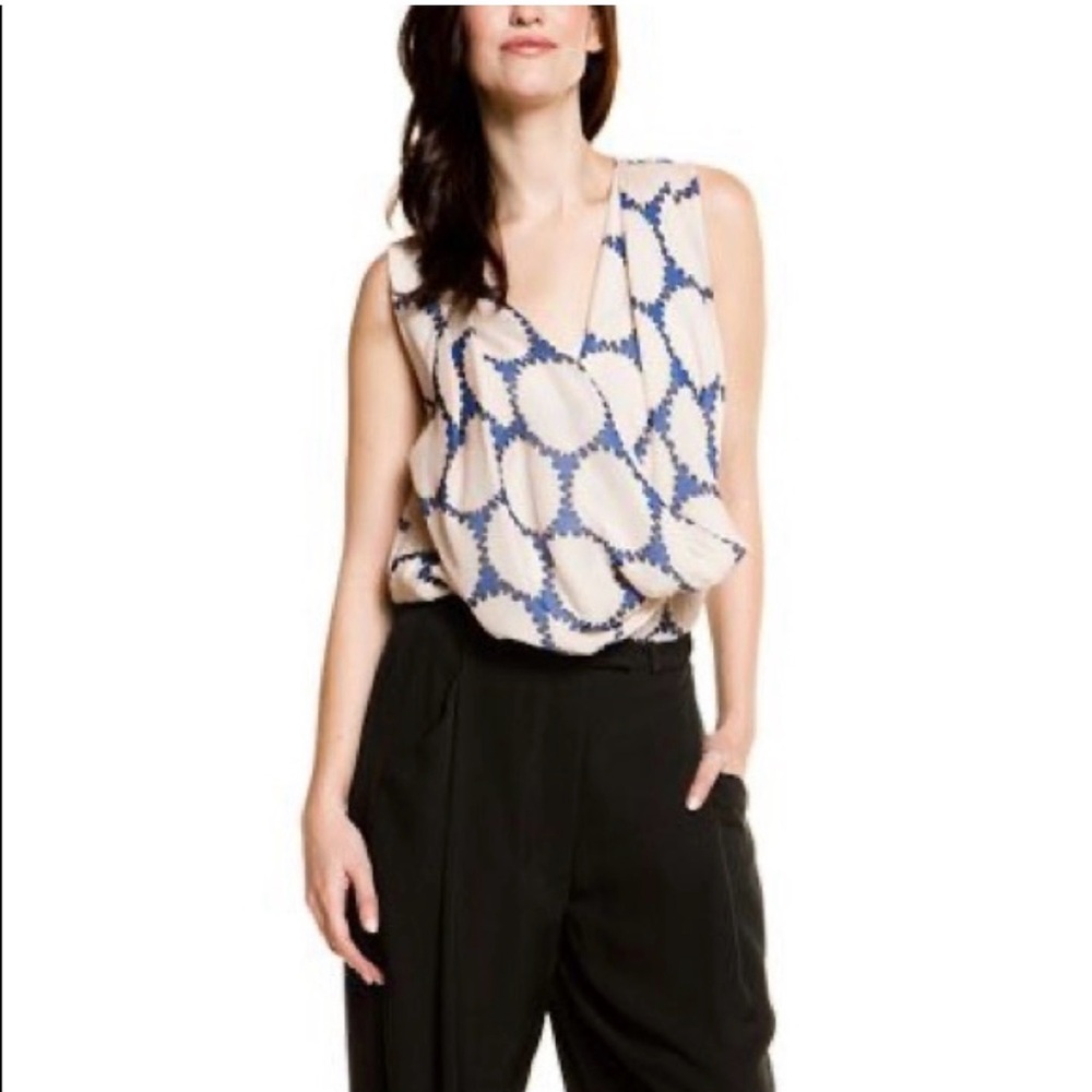 Diane Von Furstenberg Blue and Cream Rona Blouse 100% Silk Size 14